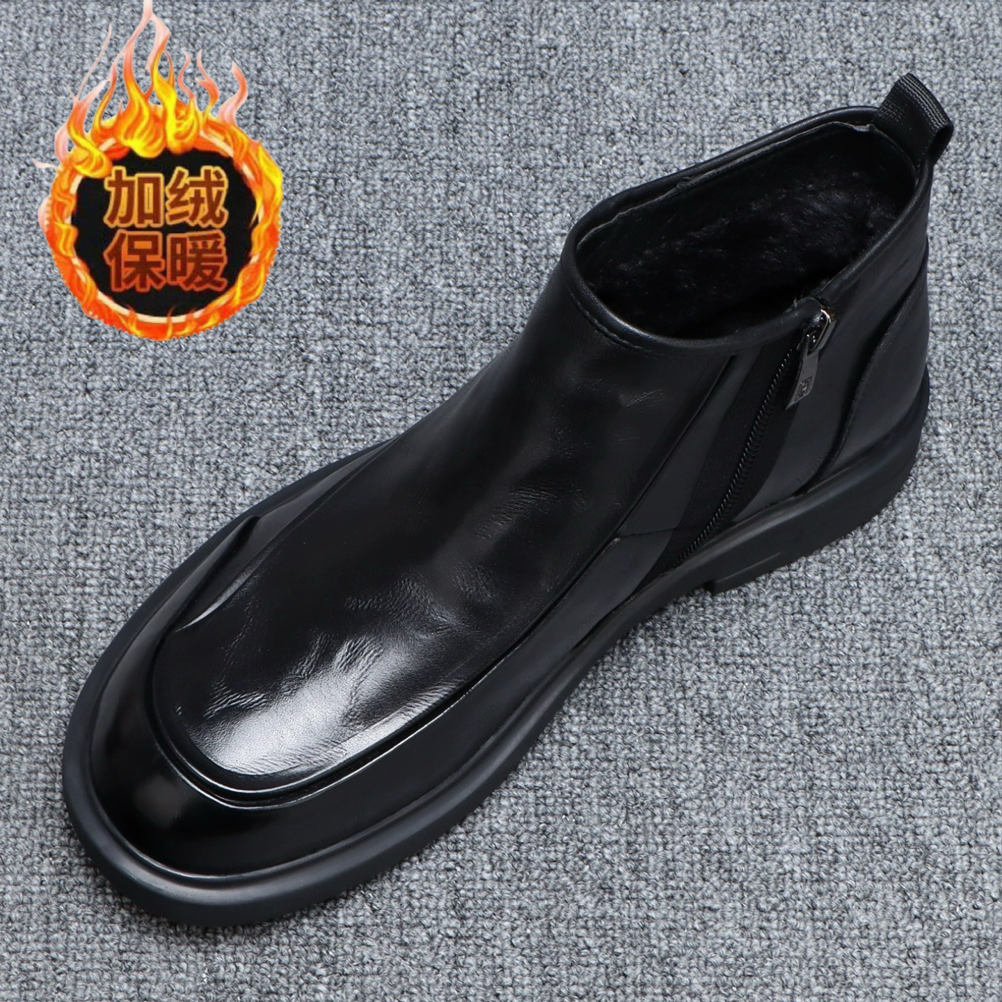 冬季加绒保暖高帮皮鞋男士时尚拉链软底马丁靴头层牛皮切尔西靴子