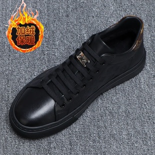 冬季棉鞋潮牌真皮压花一脚蹬男鞋2025日常百搭加绒保暖高帮板鞋男