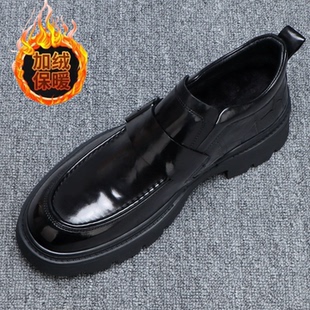 黑色高帮皮鞋男款冬季加绒保暖正装商务休闲鞋头层牛皮一脚蹬男鞋