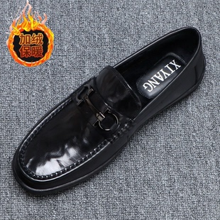 冬季加绒豆豆鞋男款时尚马衔扣乐福鞋男士一脚蹬软底真皮保暖皮鞋