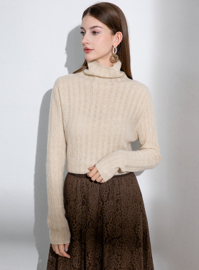 100%纯山羊绒针织衫女纯色高领羊毛内搭高级感绞花打底长袖上衣