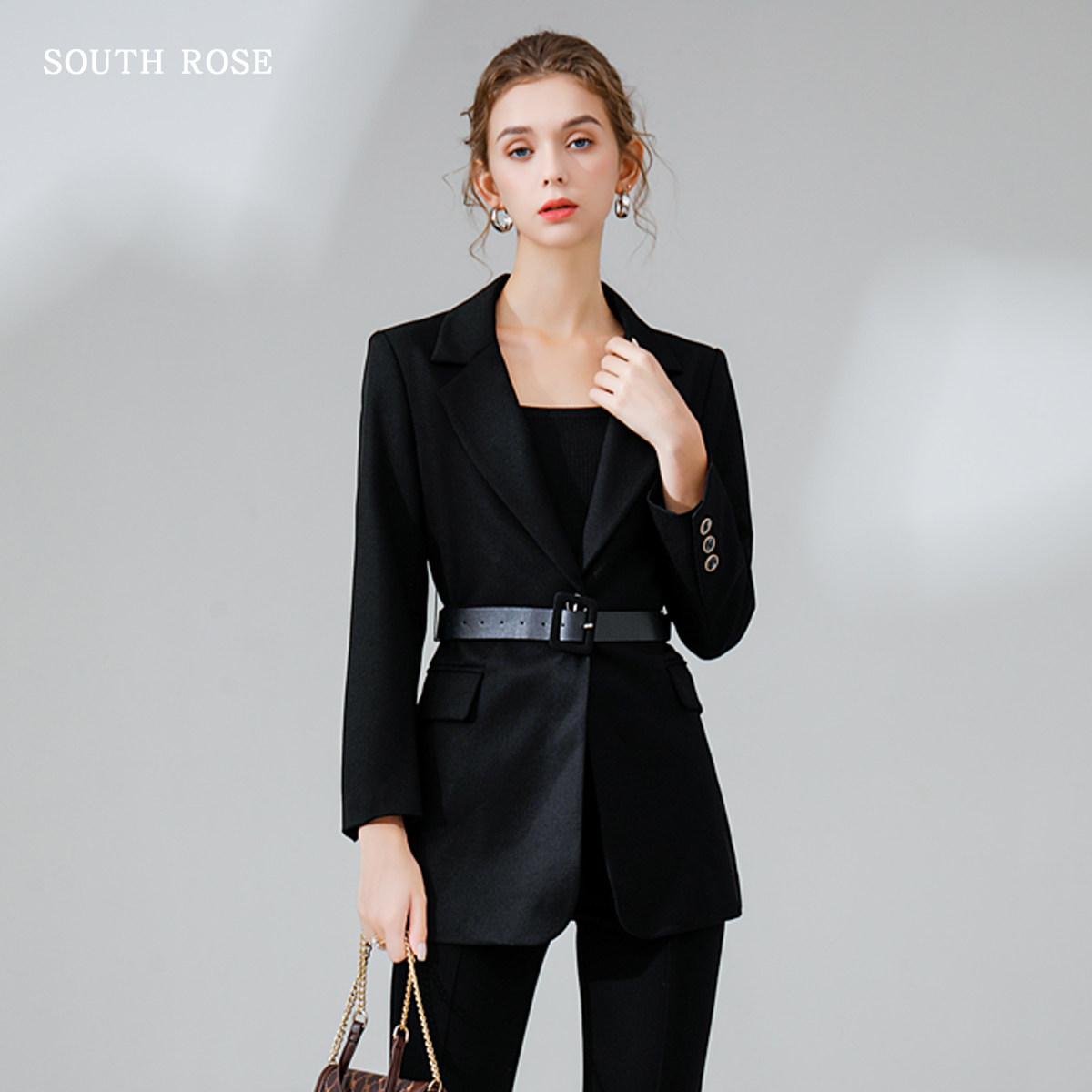 南有蔷薇高级感黑色小西装外套女春秋2025新款一粒扣中长款西装OL