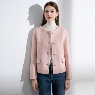 精致小香风双面羊毛大衣女小个子高级感气质粉色短款圆领毛呢外套