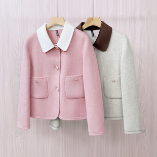 南有蔷薇粉色小香风双面羊毛大衣女小个子法式短款气质毛呢外套