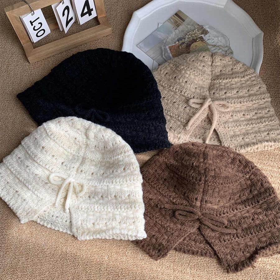 后开叉显脸小镂空针织渔夫帽子盆帽秋冬季甜美女保暖护耳水桶帽潮