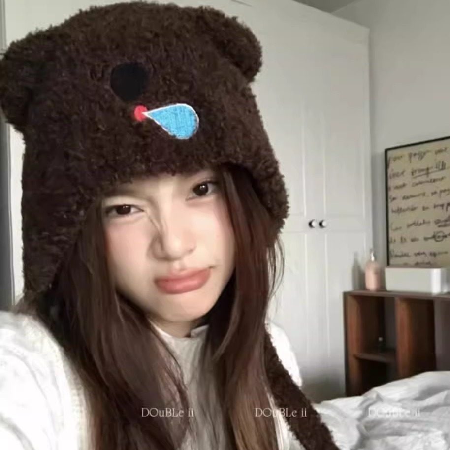 可爱考拉毛绒针织毛线帽子女秋冬季保暖护耳套头帽绑带显脸小加厚