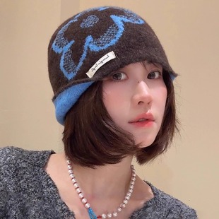 2025新款韩版复古提花针织帽子女秋冬季百搭保暖护耳显脸小包头帽