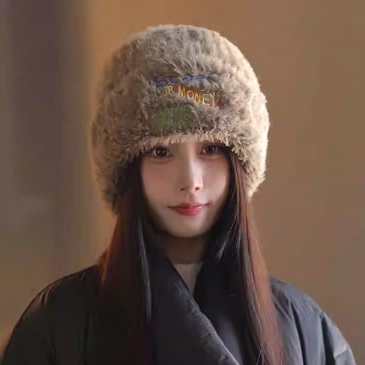 网红毛绒帽子女秋冬季大头围百搭加绒加厚保暖防寒护耳针织毛线帽