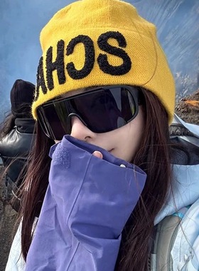 针织帽女2025新款秋户外登山草原旅游堆堆冷帽显脸小黄色毛线帽子