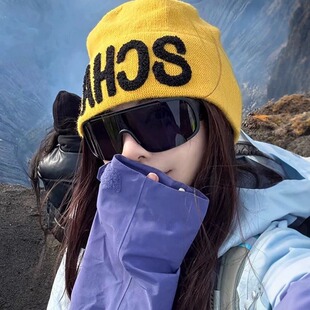 针织帽女2025新款秋户外登山草原旅游堆堆冷帽显脸小黄色毛线帽子