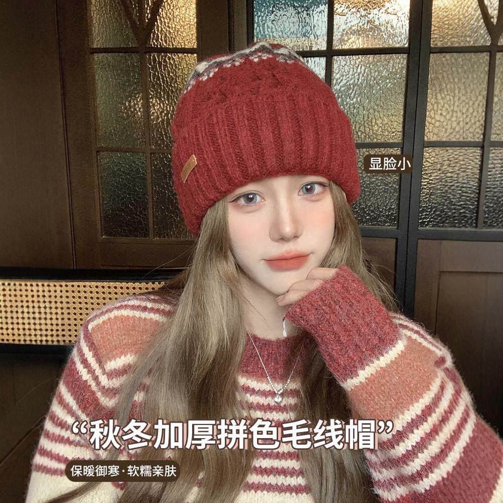 美式复古酒红色针织毛线帽护耳