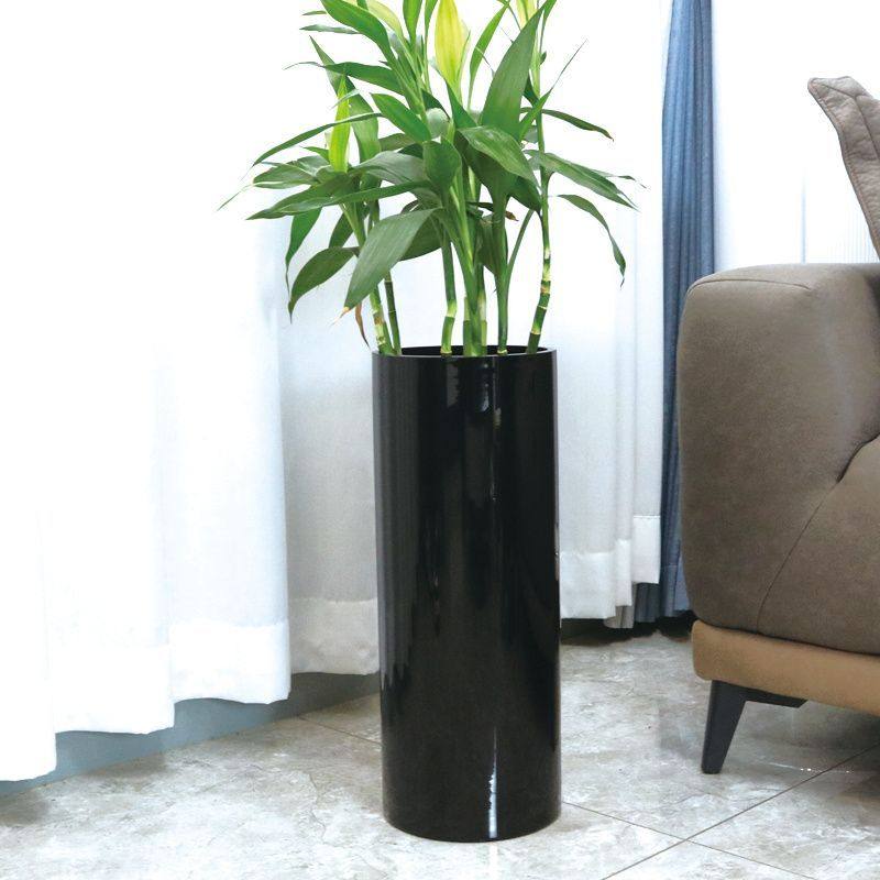 简约黑色花瓶大号圆形插花桶醒花桶大开口直筒花盆富贵竹鲜花加高