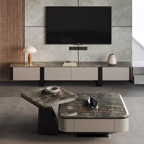 天然铂金钻奢石茶几意式轻奢别墅家用高级感大理石茶几电视柜组合