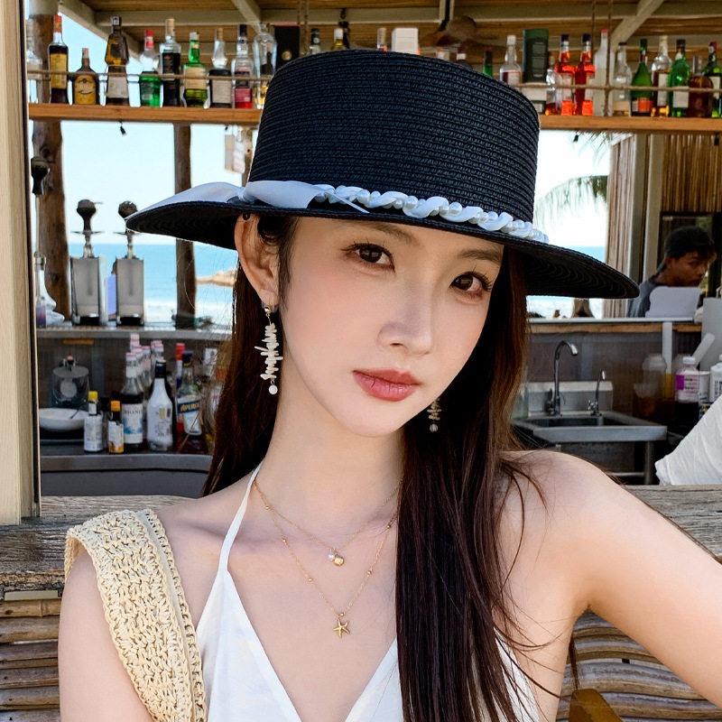 夏季新款时尚珍珠丝带草编遮阳帽海边沙滩拉菲草帽透气纯色百搭帽