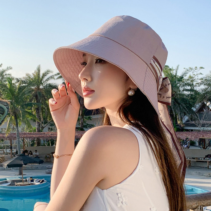 日系纯色时尚飘带蝴蝶结大头围帽子女海边沙滩度假渔夫帽遮阳盆帽