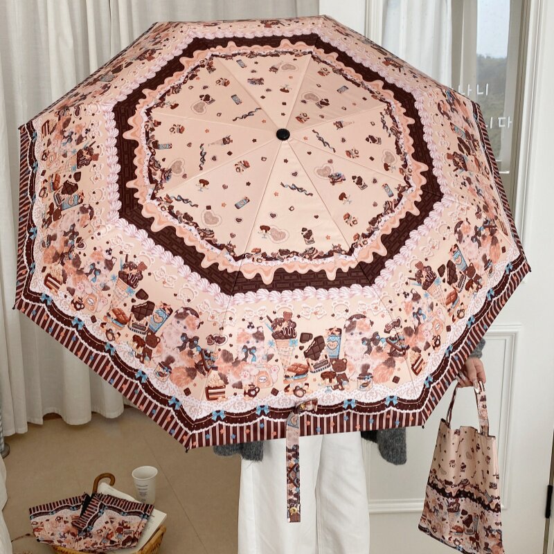 奶咖小猫咪弯钩遮阳雨伞晴雨两用便携黑胶防晒防紫外线太阳伞可爱