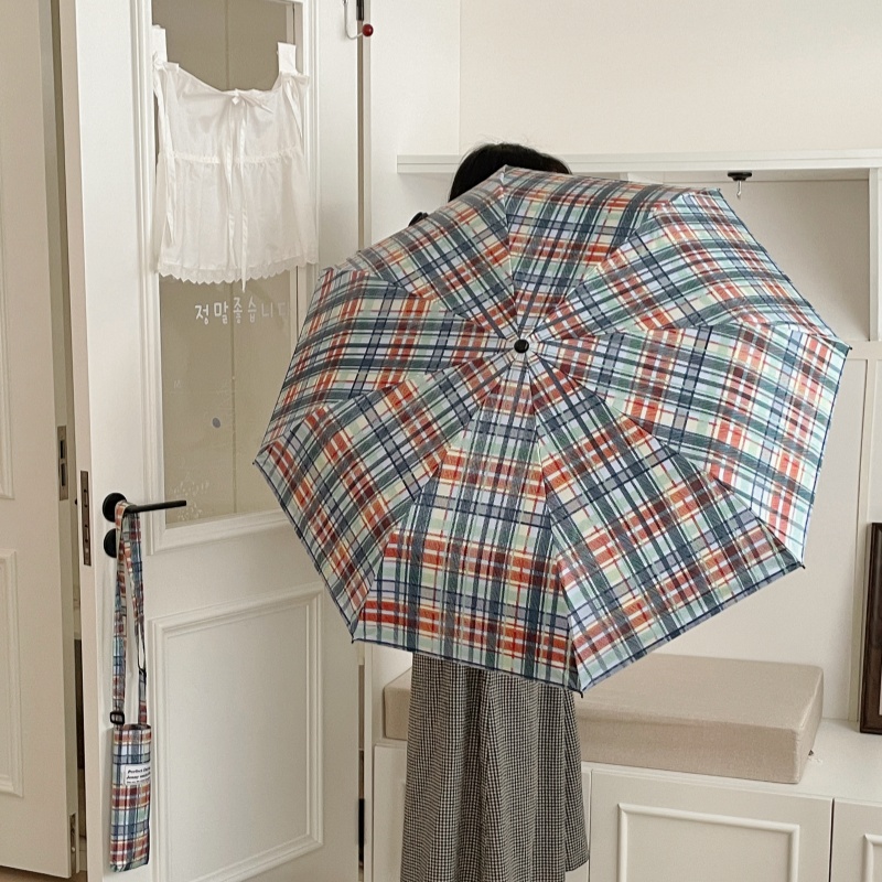 美式复古蓝绿格子晴雨伞两用太阳伞防晒防紫外线便携黑胶遮阳伞女