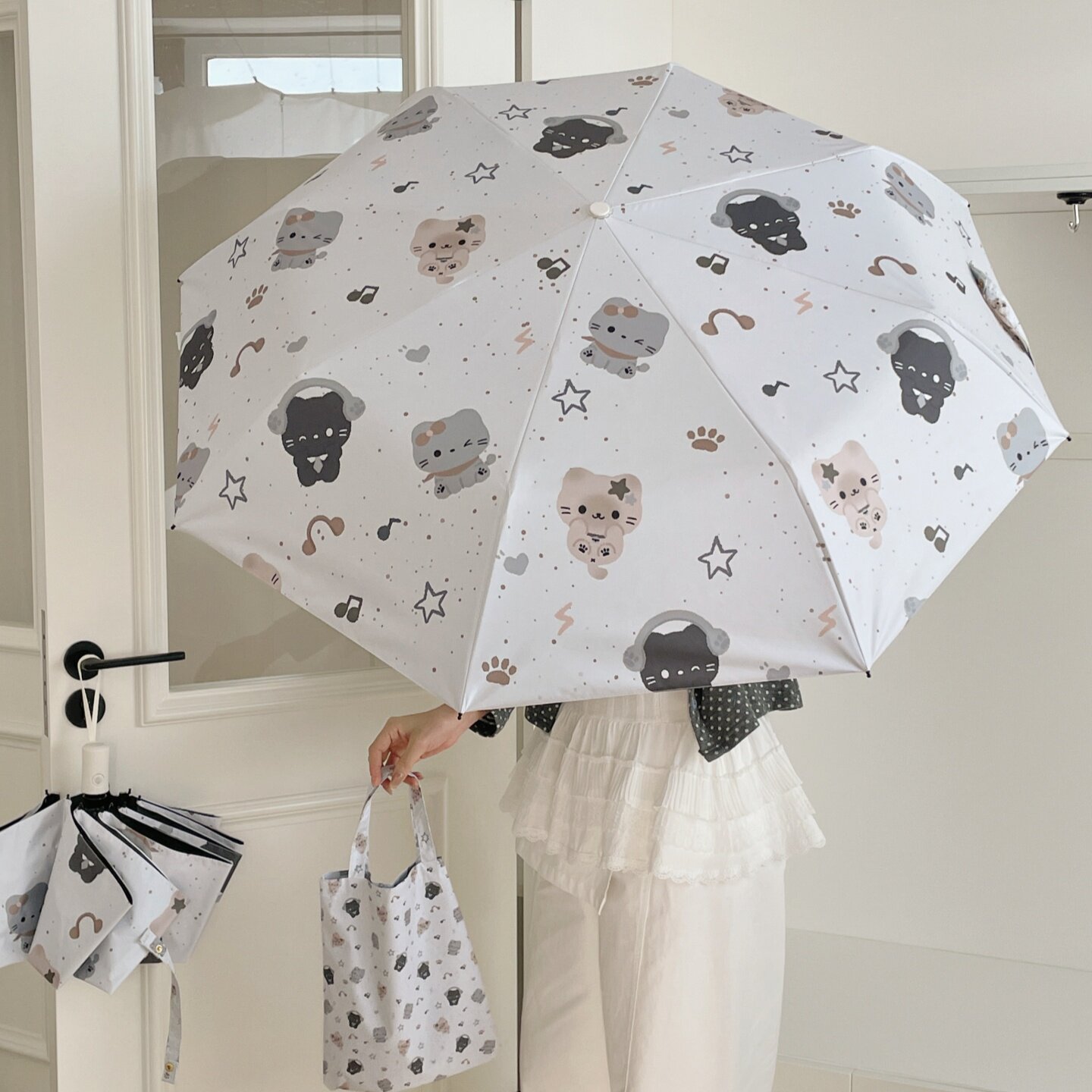 ins灰调小猫咪太阳伞晴雨两用雨伞女生高颜值黑胶遮阳学生防晒伞