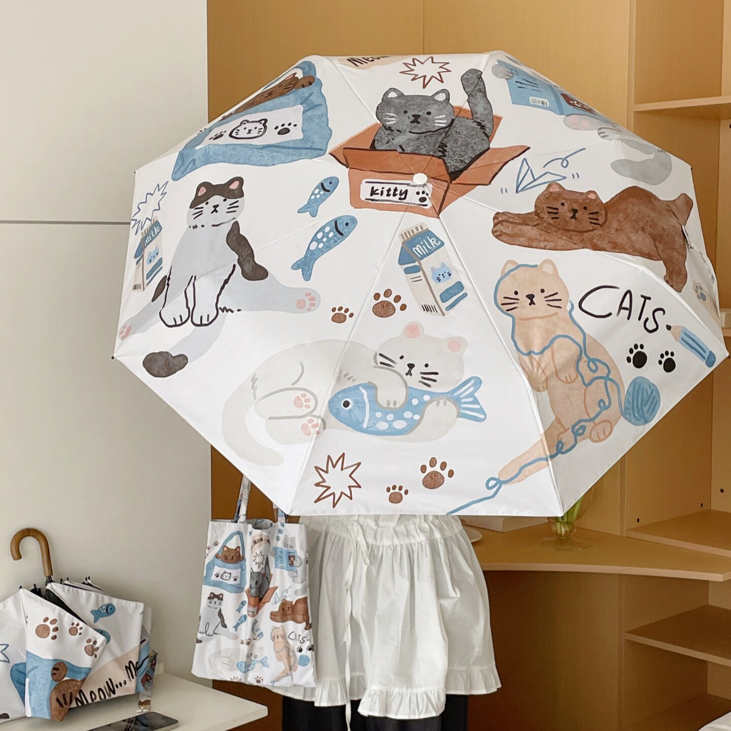 奶白小猫咪晴雨伞两用女弯钩高颜值遮阳伞便携防晒防紫外线太阳伞