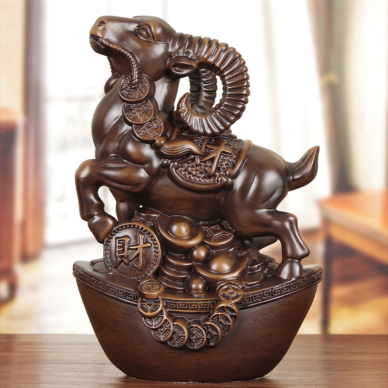 实木雕招财生肖羊摆件客厅办公室