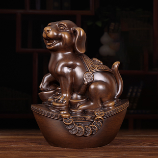 实木招财生肖狗摆件客厅玄关酒柜生日礼物办公室桌风水狗手工艺品