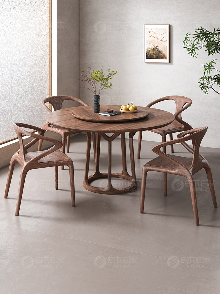 黑胡桃木实木圆餐桌新中式家用小户型旋转饭桌椅组合2025新款圆桌