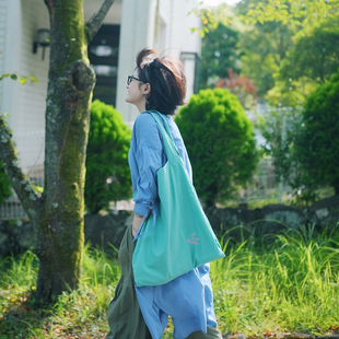 「薄荷」棉麻纯色帆布包四层分区大容量燕子刺绣单肩手提布袋