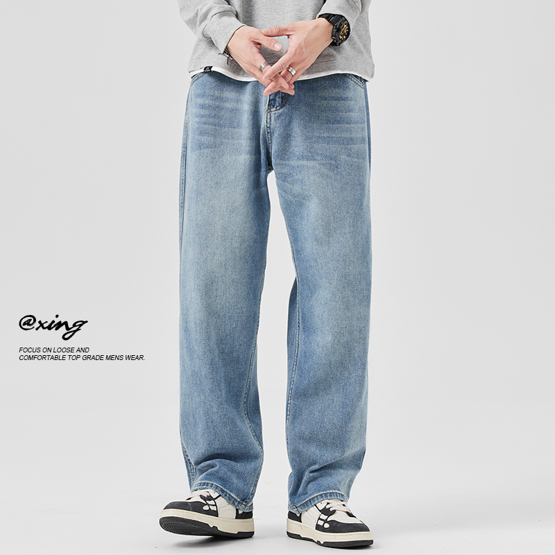 浅色牛仔裤男潮牌宽松直筒阔腿裤