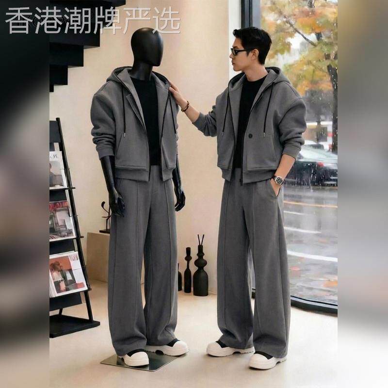 高端灰色套装痞帅高街男士2026秋季潮短款连帽卫衣垂感直筒休闲裤