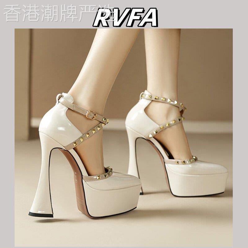 RVFA真皮包头粗跟凉鞋 交叉绑带14公分高跟凉鞋图片
