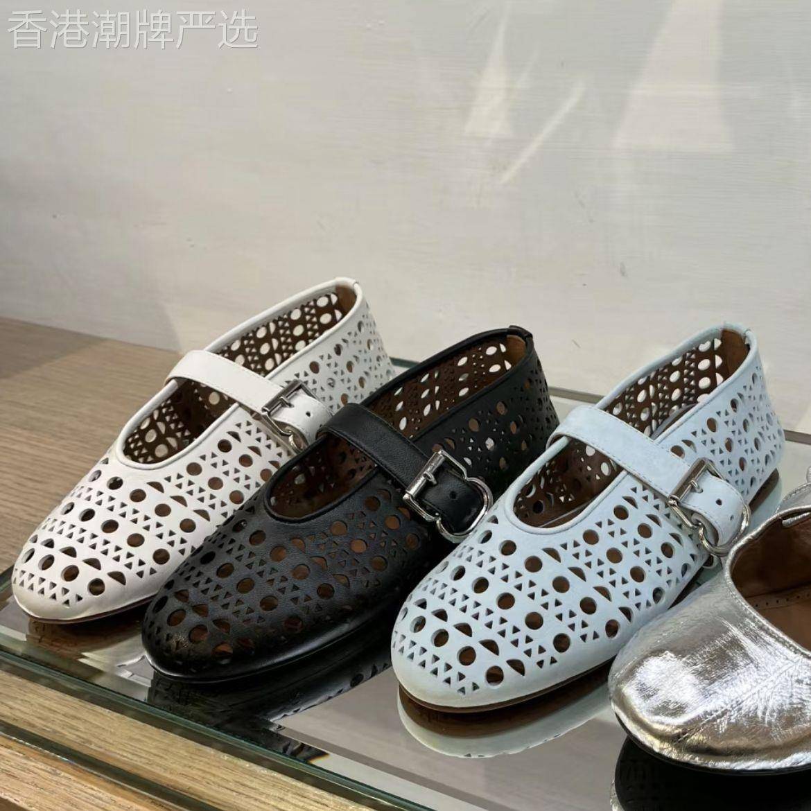 香港2026春夏真皮浅口一字扣带镂空圆头平底单鞋女芭蕾舞船鞋皮鞋