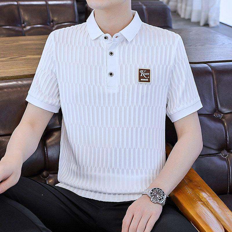 白色桑蚕丝短袖t恤男夏季修身冰丝薄款潮流真丝翻领男士polo衫帅
