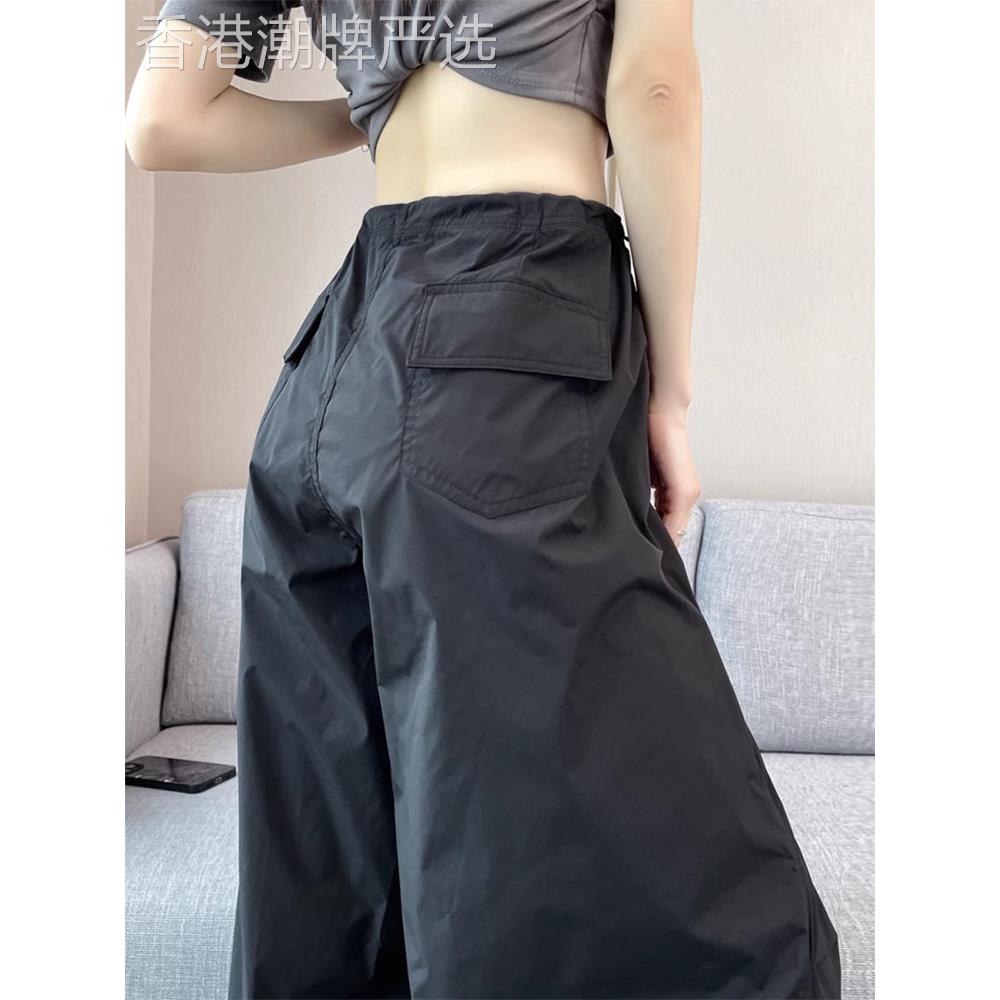 美式冰丝速干工装裤女夏季高腰宽松休闲伞兵裤阔腿拖地跑步束口裤