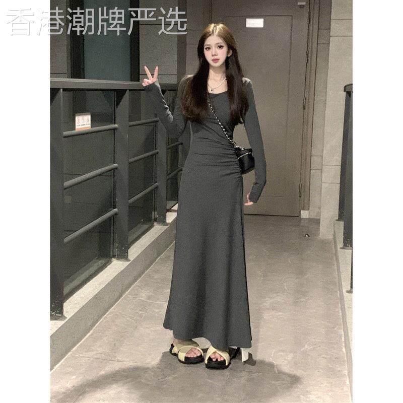 日系春秋高个子加长版垂感圆领长袖洋装女收腰显瘦褶皱开叉长裙