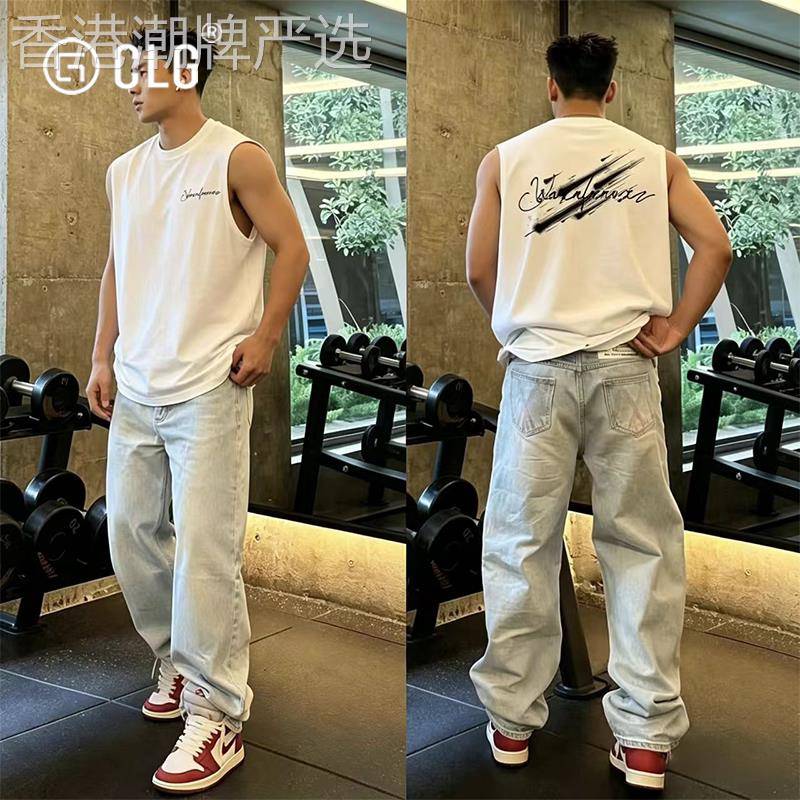 香港CLG潮牌港风街头时尚嘻哈背心男夏季宽松纯棉无袖T恤印花上衣