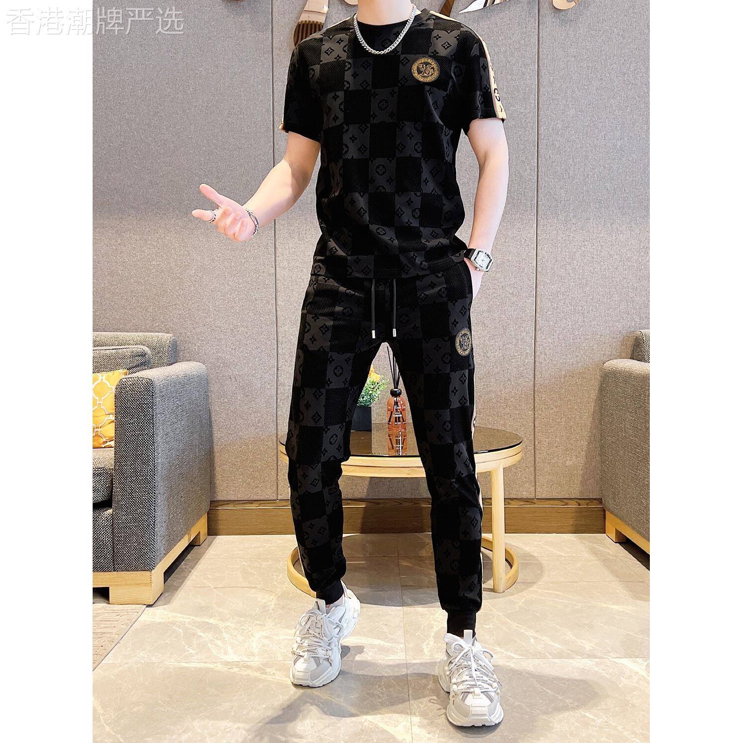夏季潮牌短袖休闲套装男2026新款韩版刺绣时尚潮流男装运动两件套