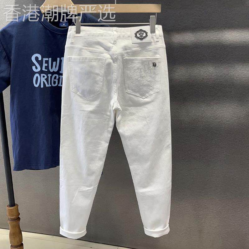 香港潮牌高端时尚白色九分牛仔裤男春夏潮流百搭修身小脚休闲裤子