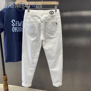 香港潮牌高端时尚白色九分牛仔裤男春夏潮流百搭修身小脚休闲裤子