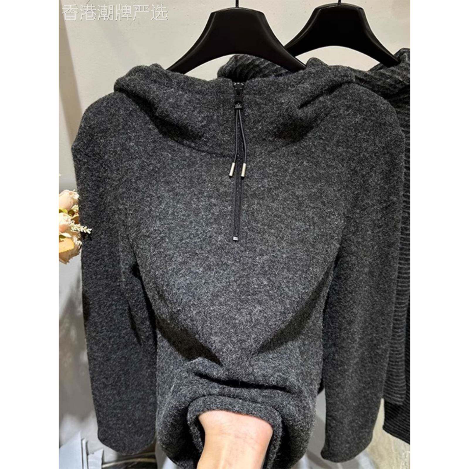 灰色磨毛连帽卫衣2025秋季新款女装加厚设计感半拉炼保暖套头上衣