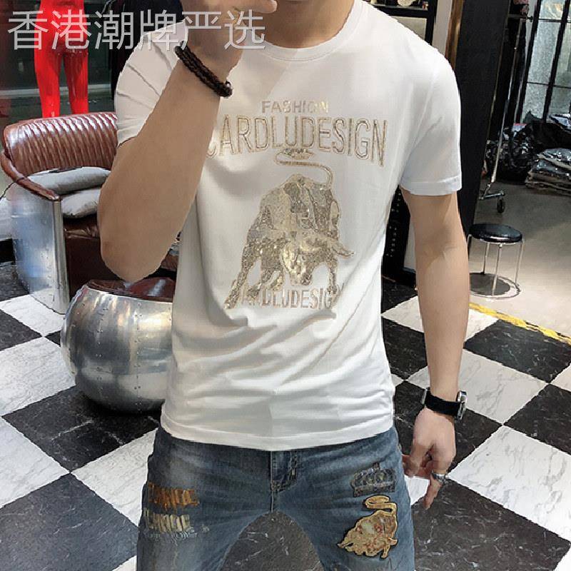 夏季男士短袖T恤修身高端金牛烫钻半袖t欧洲站潮牌白色帅气上衣服