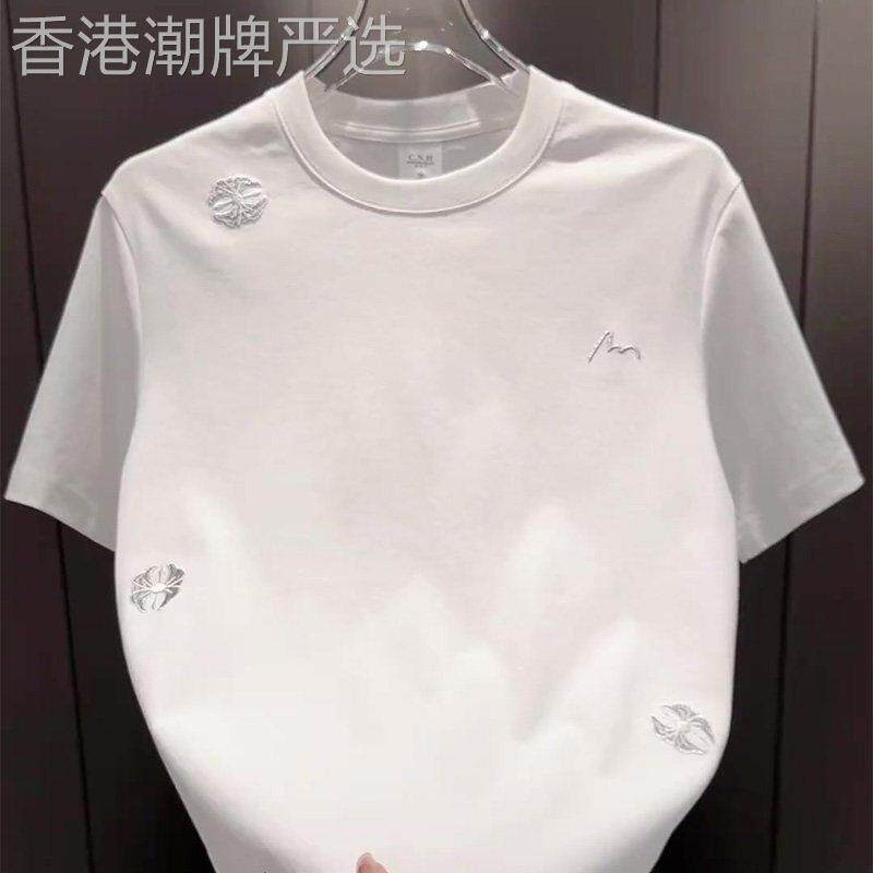潮牌高级感奢感刺绣短袖T恤男2026夏季新款修身透气白色休闲上衣