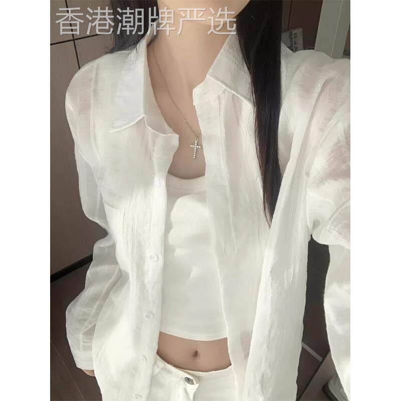 白色亚麻长袖防晒衬衫女春秋欧货气质衬衣独特漂亮法式棉麻上衣