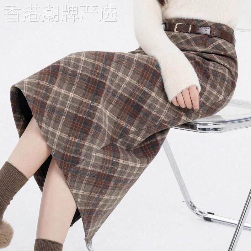 复古咖色格纹中长款半身裙女秋冬季欧货毛呢包臀裙直筒开叉一步裙