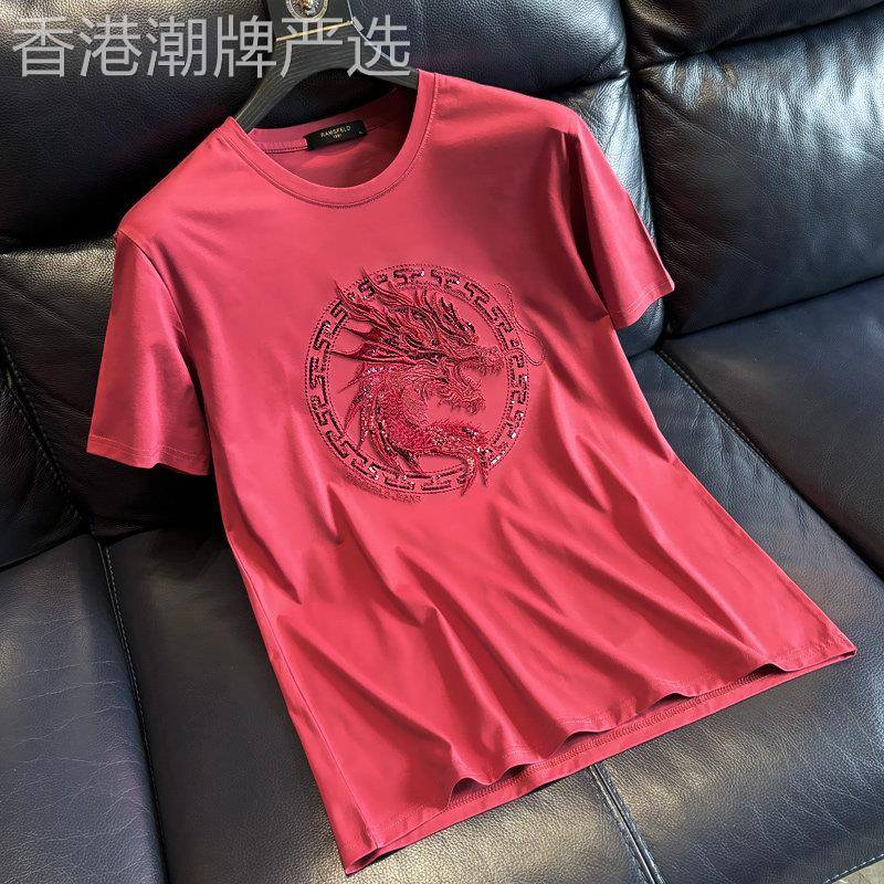 时尚高端亮片刺绣龙头短袖T恤男士夏季新款丝光棉修身圆领半袖男t