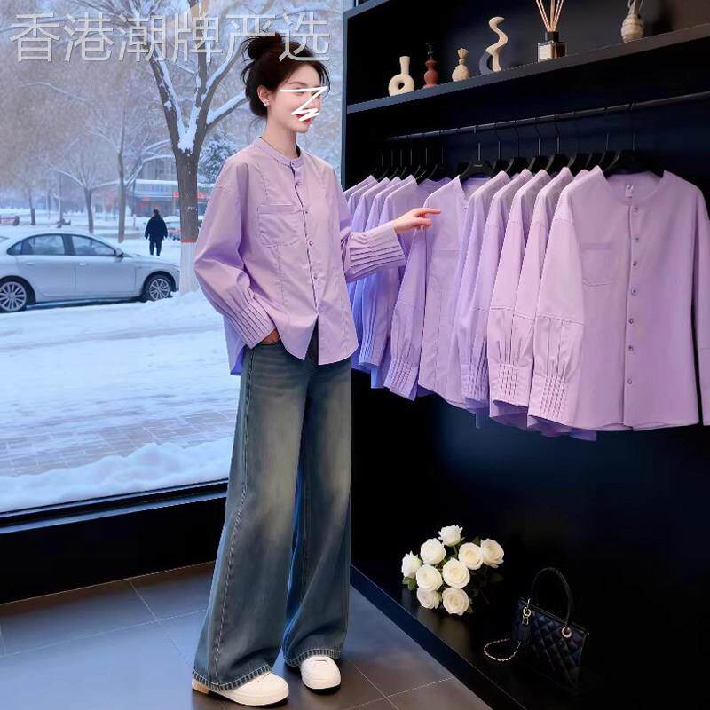 紫色长袖衬衫女士春秋2026欧货大码女装胖MM显瘦气质宽松衬衣上衣
