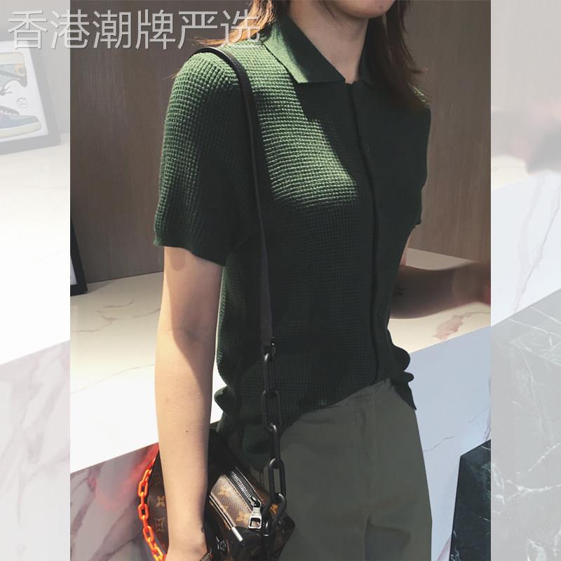 别致翻领短袖针织T恤夏季新款女洋派复古冰丝设计感百搭修身显瘦