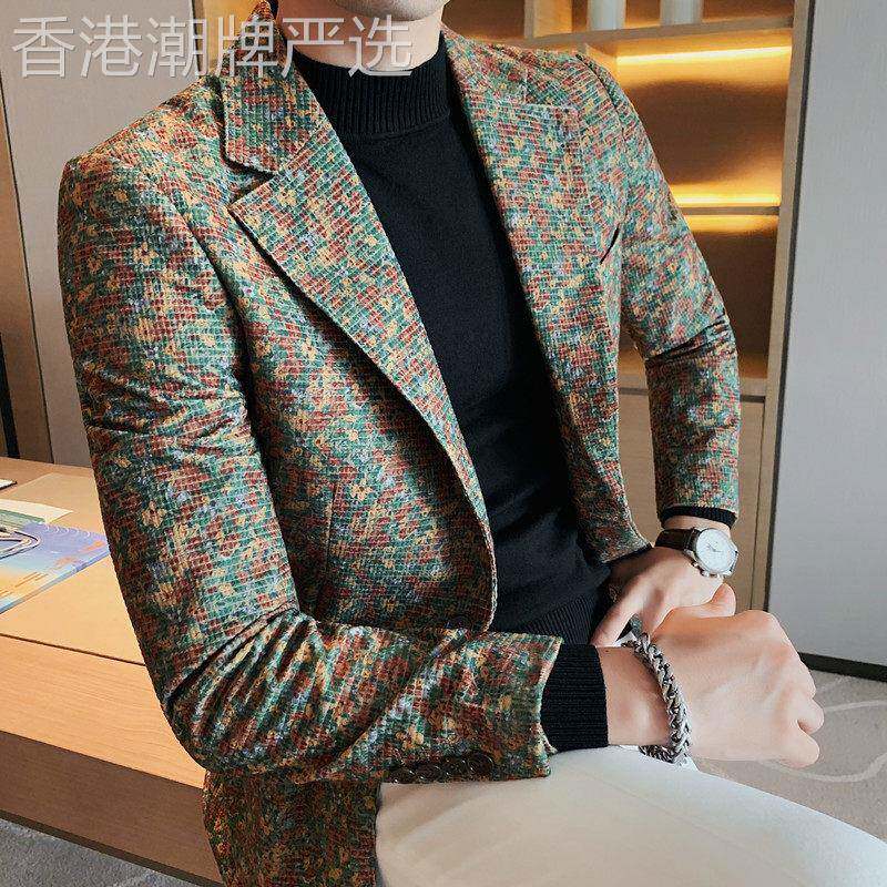 高级感美式休闲碎花西装男士外套潮流轻熟夜店百搭韩版修身小西服