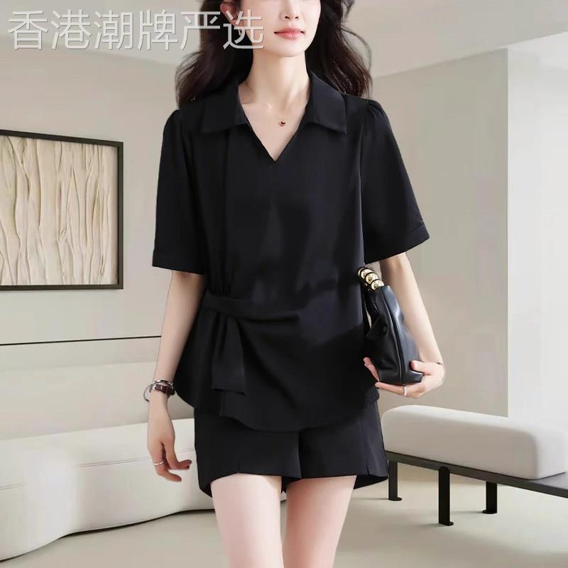 黑色短袖衬衫女士夏季薄款2026新款高级感减龄洋气v领半袖t恤上衣