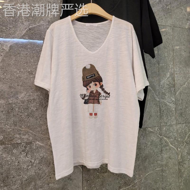 竹节棉白色短袖女t恤夏季宽松v领上衣女2026新款爆款胖mm大码女装