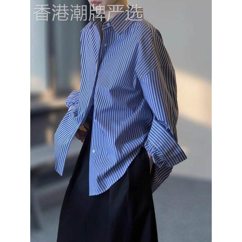 韩式蓝色格纹长袖女式早秋新款宽松修身工作服百搭休闲慵懒风格衬